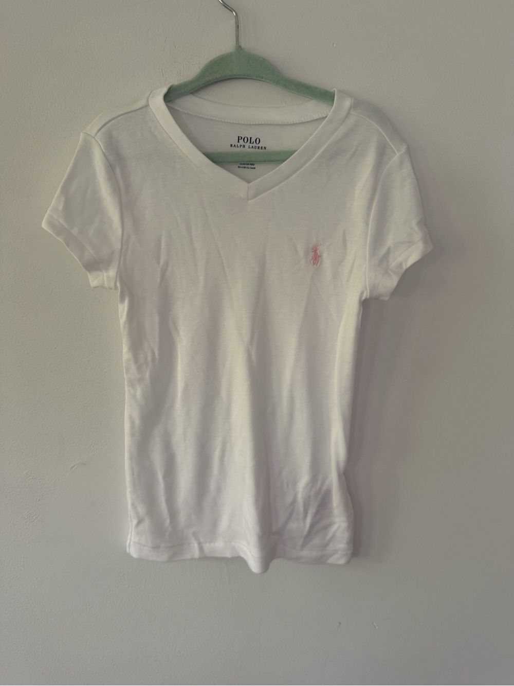 Polo by Ralph Lauren White V-Neck Tee with Pink Pony Embroidery